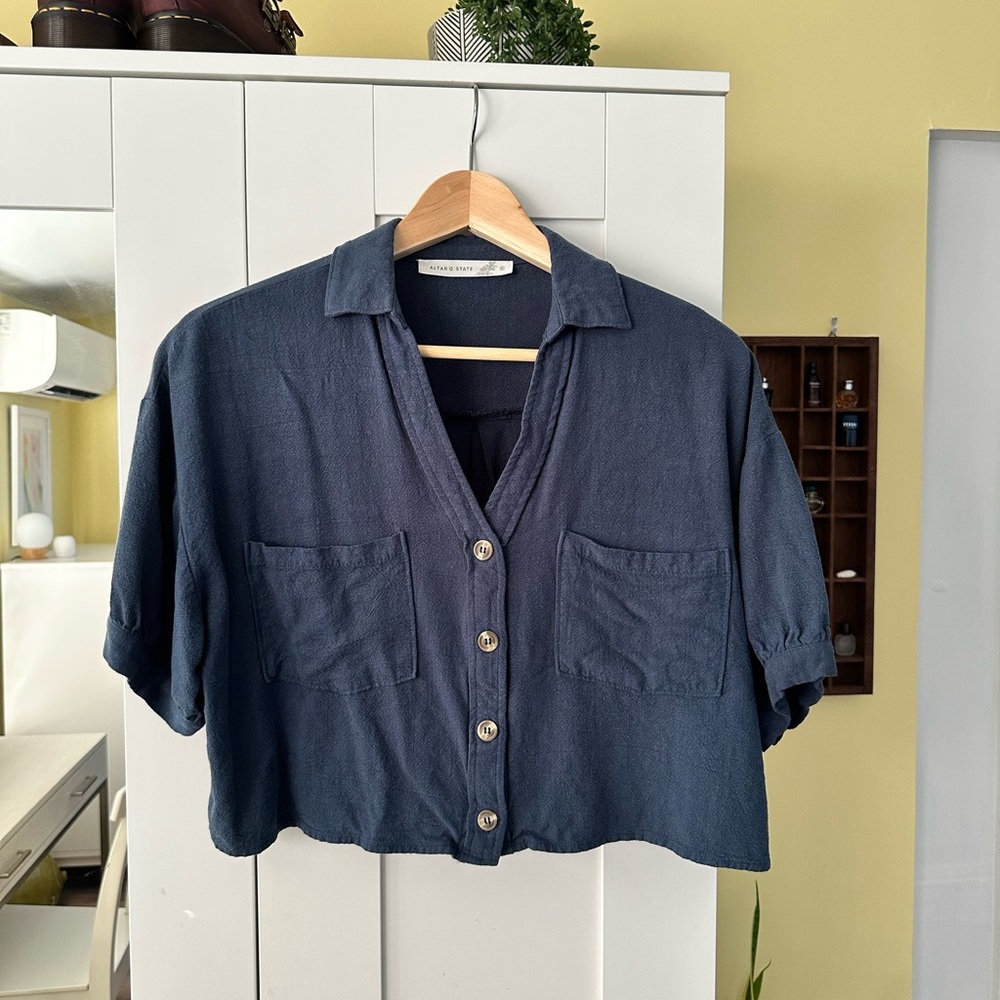 Altar’d State Cropped Linen Navy Button Down Shirt